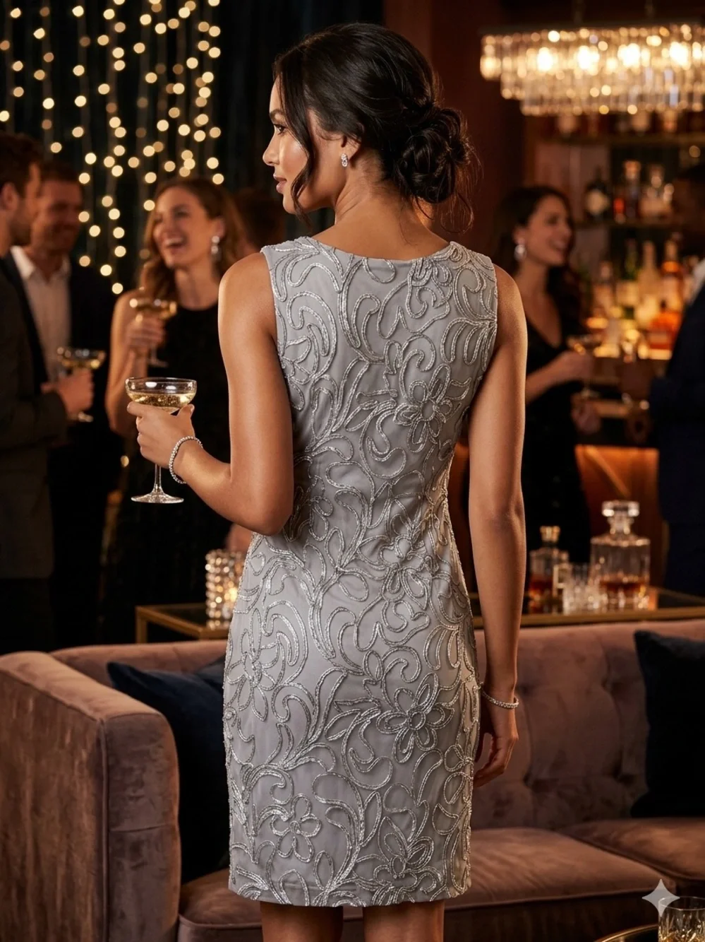 Jessica Howard Silver Sequin Lace Metallic Cocktail Sheath Dress Size 6 - Picture 2 of 7